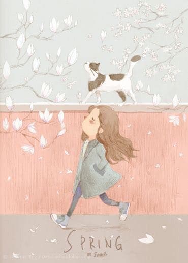 a girl who walking with cat in spring